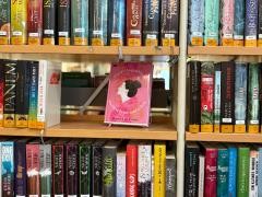 Pinkes Buch steht in einer Reihe von dunkleren Büchern in einem Bücherregal.