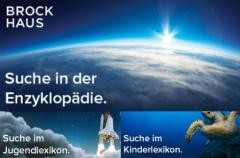 Logo Brockhaus: Bild ist drei geteilt. Im oberen Teil sieht man eine Erde drauf steht "Such in der Enzyklopädie.". Links unten ist eine Rakete beim Start. Daneben steht "Suche im Jugendlexikon". Rechts unten ist eine Schildkröte im Meer. Daneben steht "Suche im Kinderlexikon".