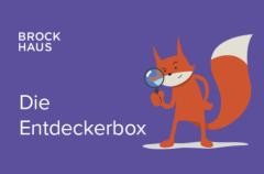 Logo der Brockhaus Entdeckerbox: Lila Hintergrund, darauf zu sehen ein gezeichneter Fuchs, der eine Lupe hält. Nebendran steht "Brockhaus Die Entdeckerbox"