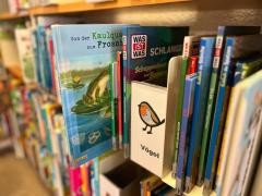 In einem Regal stehen verschiedene Sachbücher für Kinder. Auf einem Schild ist ein Vogel zu sehen. Darunter steht das Wort "Vögel".