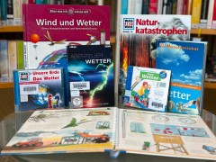 Auf einem Tisch liegen verschiedene Medien aus der Medienbox "Wetter".